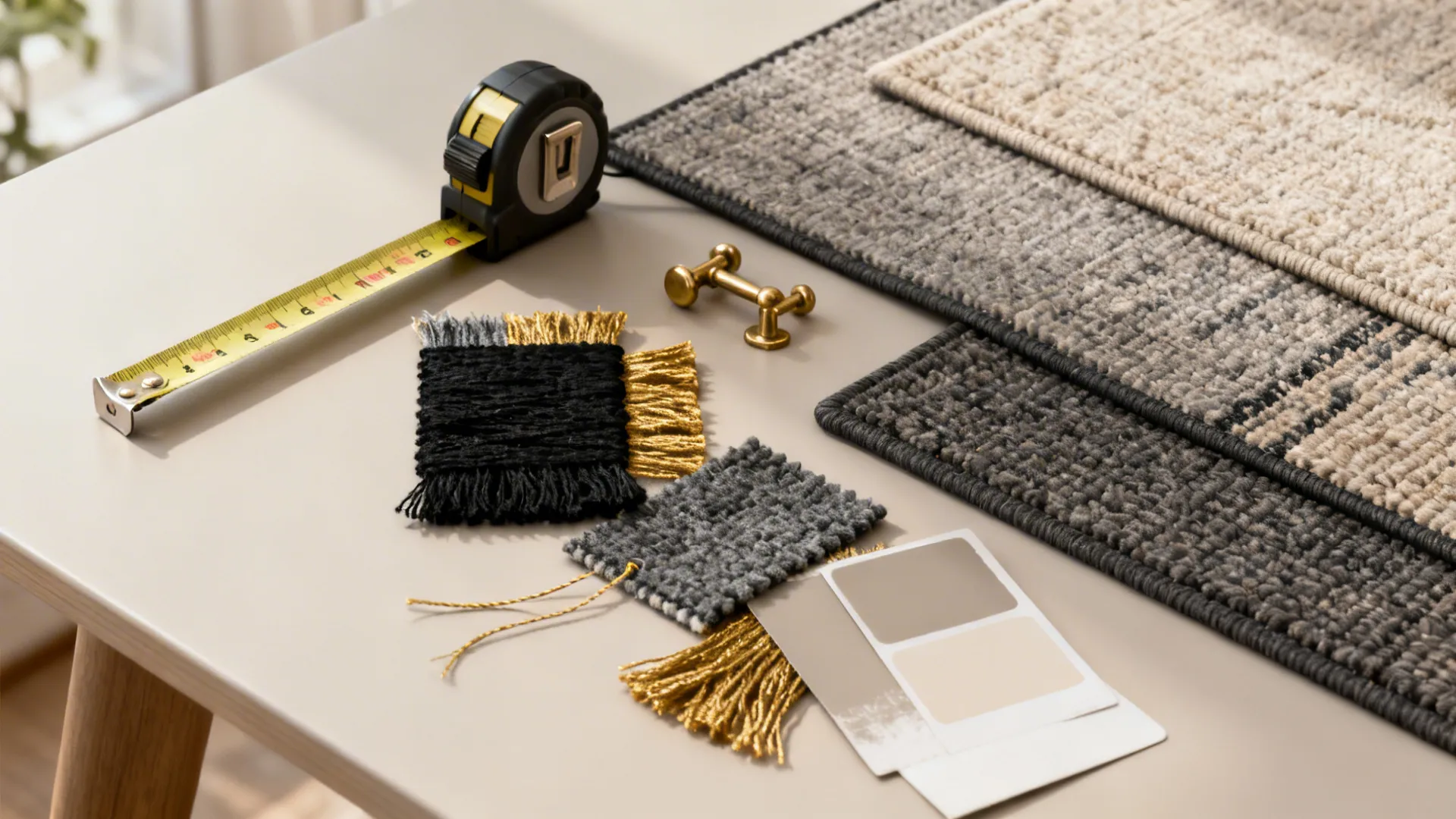 Flatlay of rug-buying checklist items including swatches, tape measure, brass sample and rug pad.